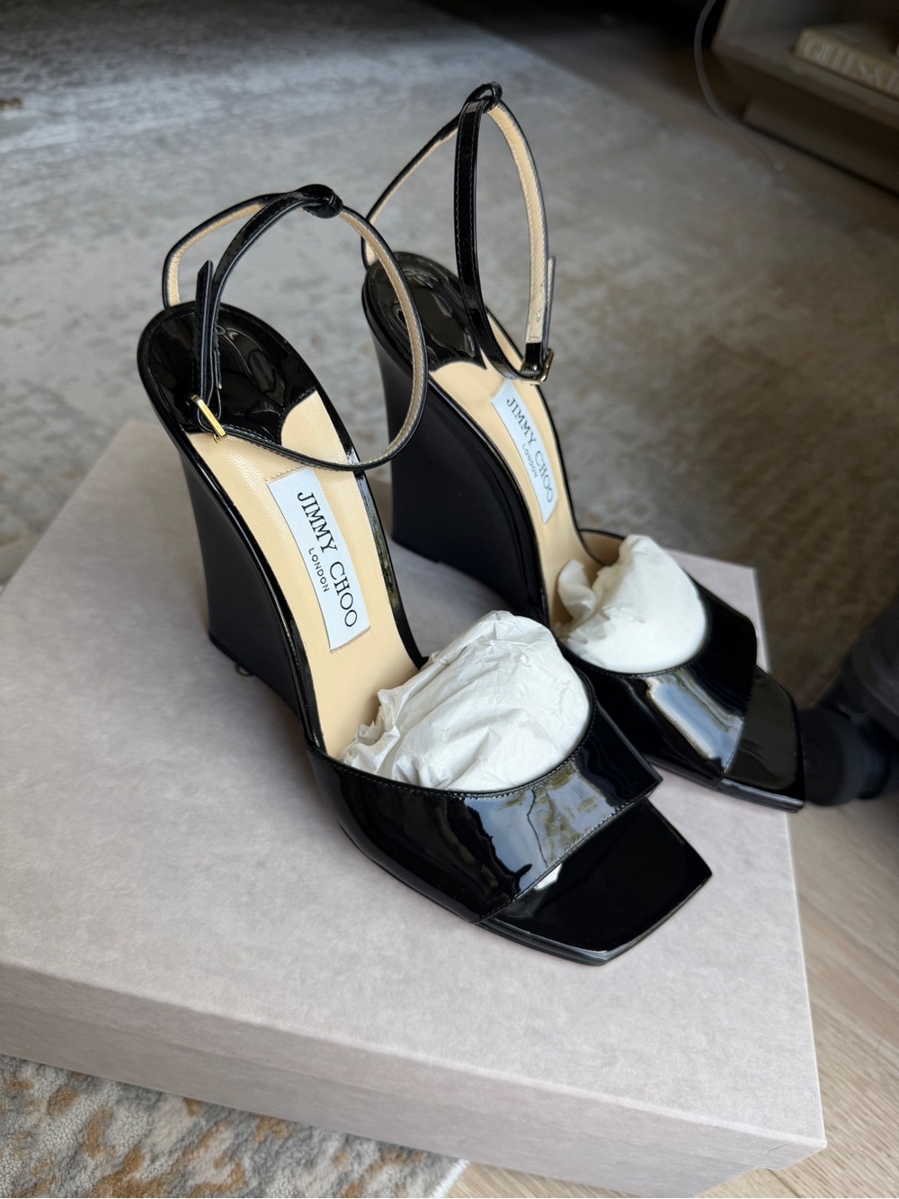 Jimmy Choo Black Patent Wedge Heels